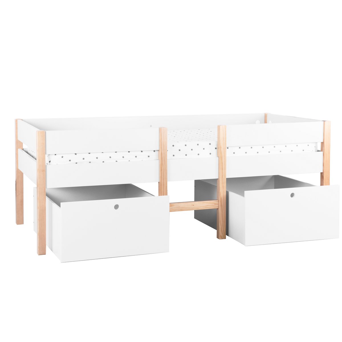 Vue latérale du lit mezzanine en bois de pin et MDF