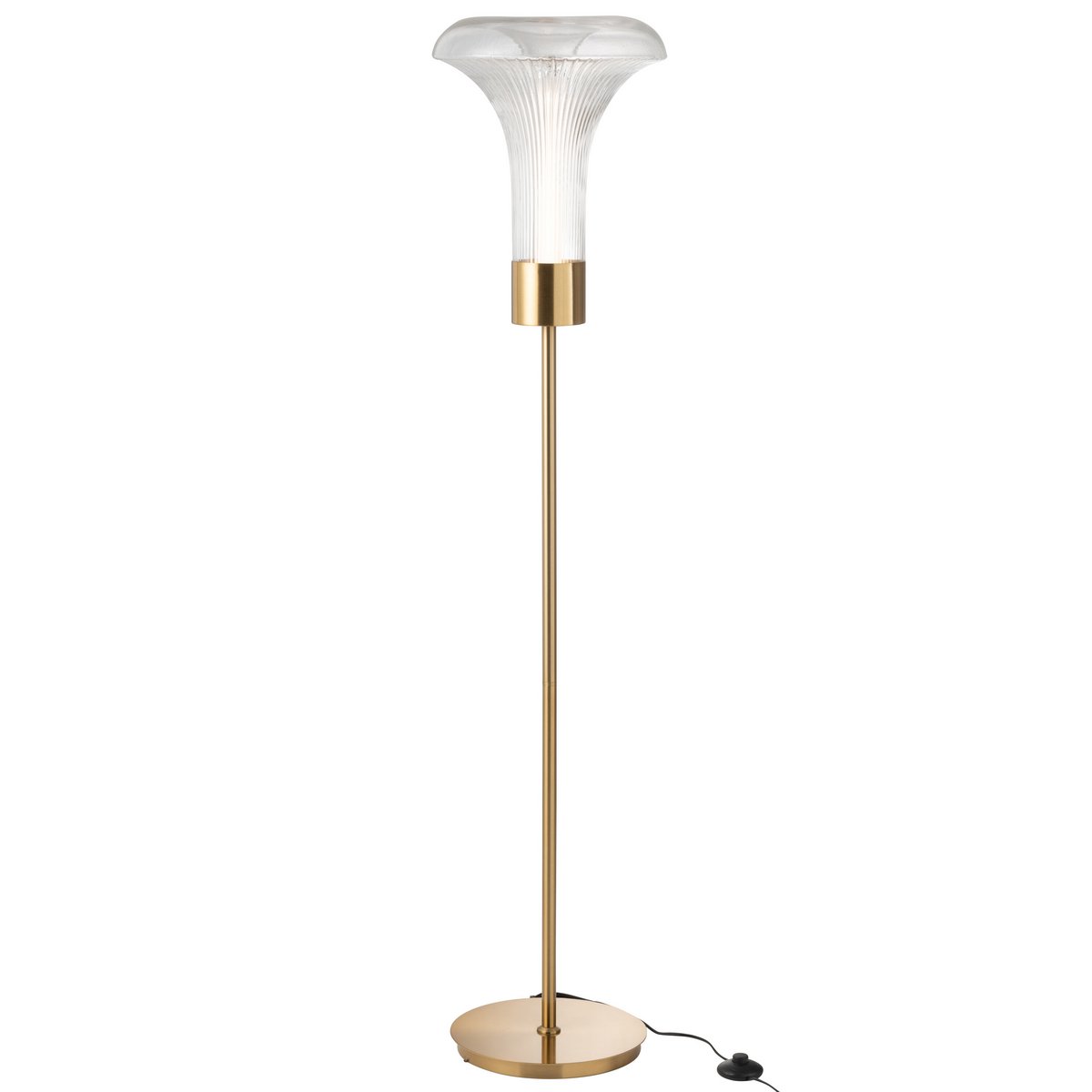 Lampadaire LED J-Line en métal doré et verre transparent, vue d'ensemble