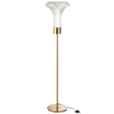 Lampadaire LED J-Line en métal doré et verre transparent, vue d'ensemble
