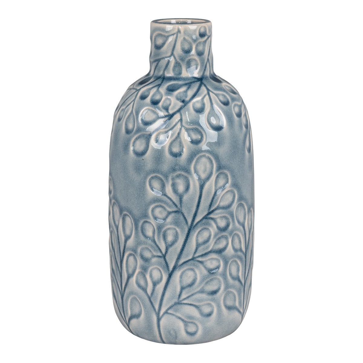 Vase en céramique bleu avec motif floral, vue de face