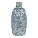 Vase en céramique bleu avec motif floral, vue de face