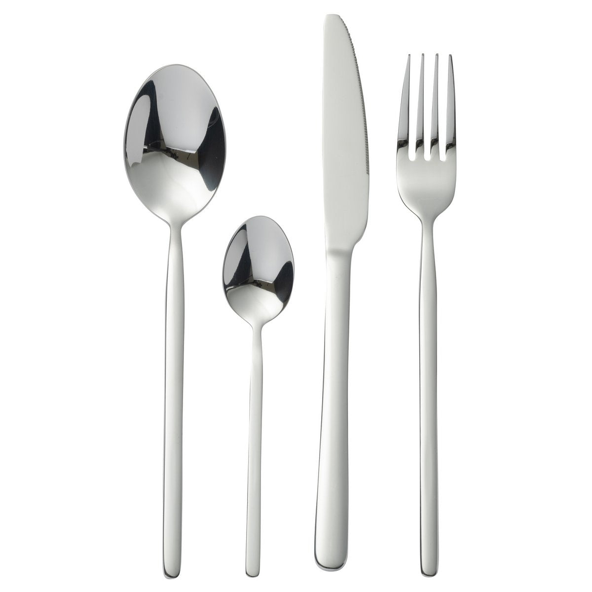 Couverts J-Line en acier inoxydable avec finition argent brillant, boîte de 24 pièces.