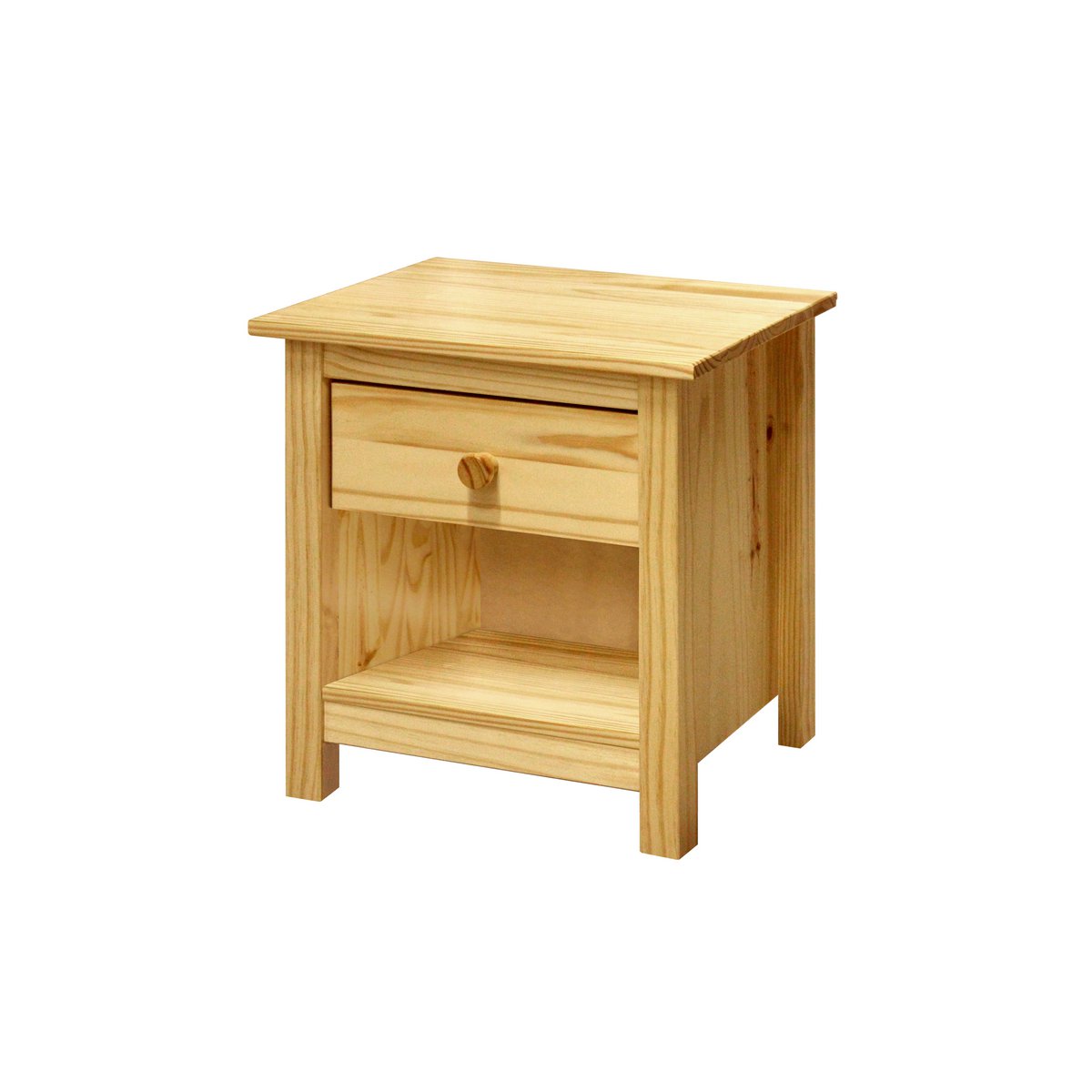 Table de chevet en bois de pin avec tiroir et compartiment ouvert