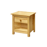 Table de chevet en bois de pin avec tiroir et compartiment ouvert