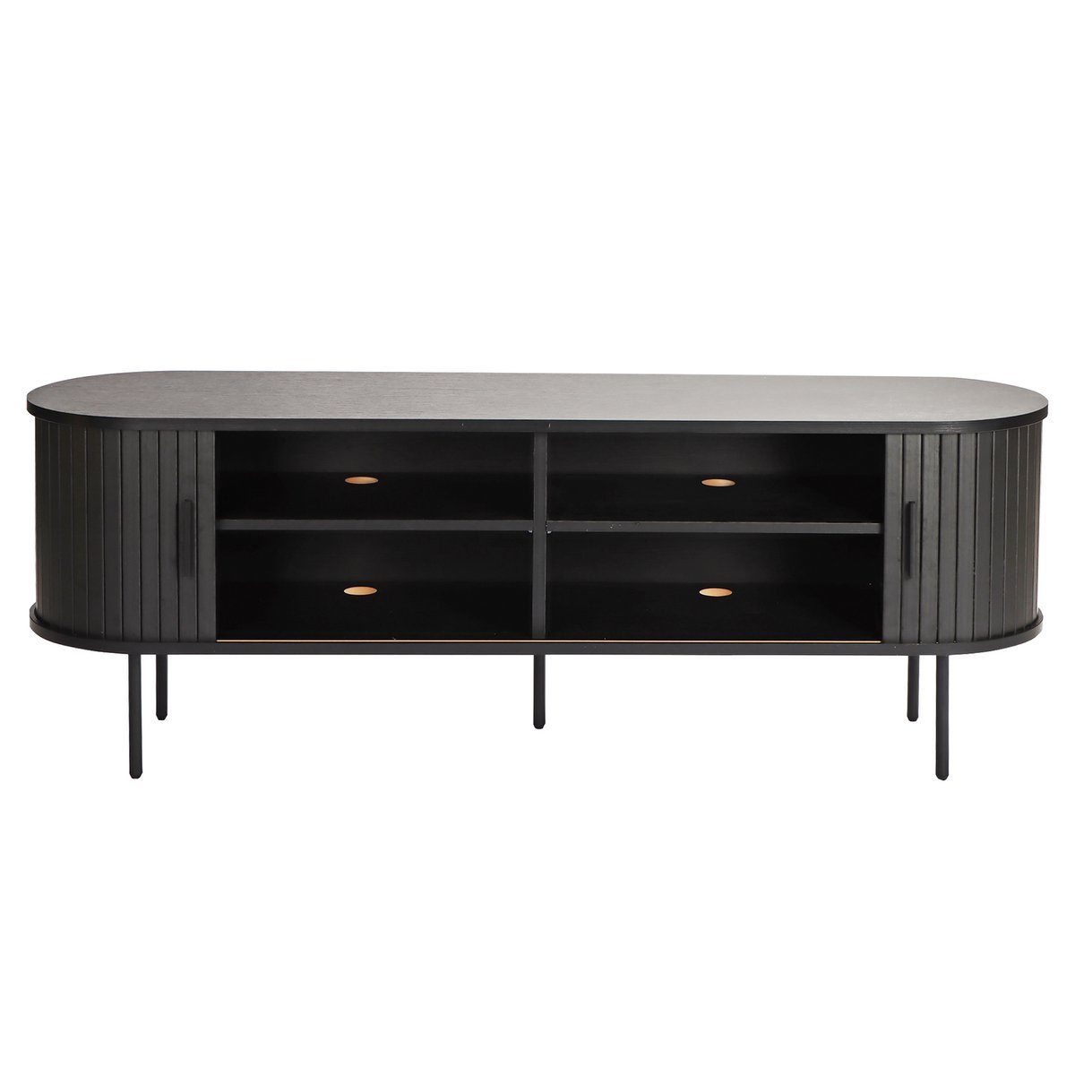 Détail des jambes métalliques en poudre du lowboard noir