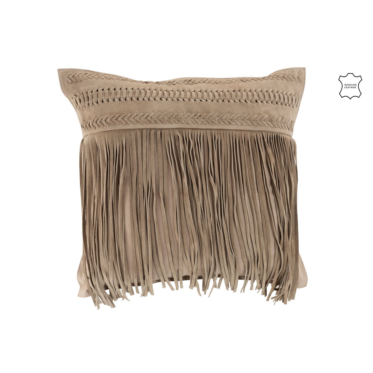 Coussin J-Line franges carré en cuir gris clair, vue de face