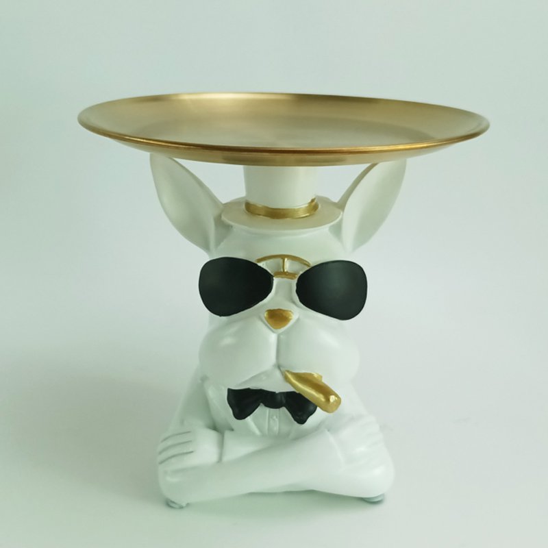 Bouledogue en polyrésine blanc avec plateau, décoration élégante