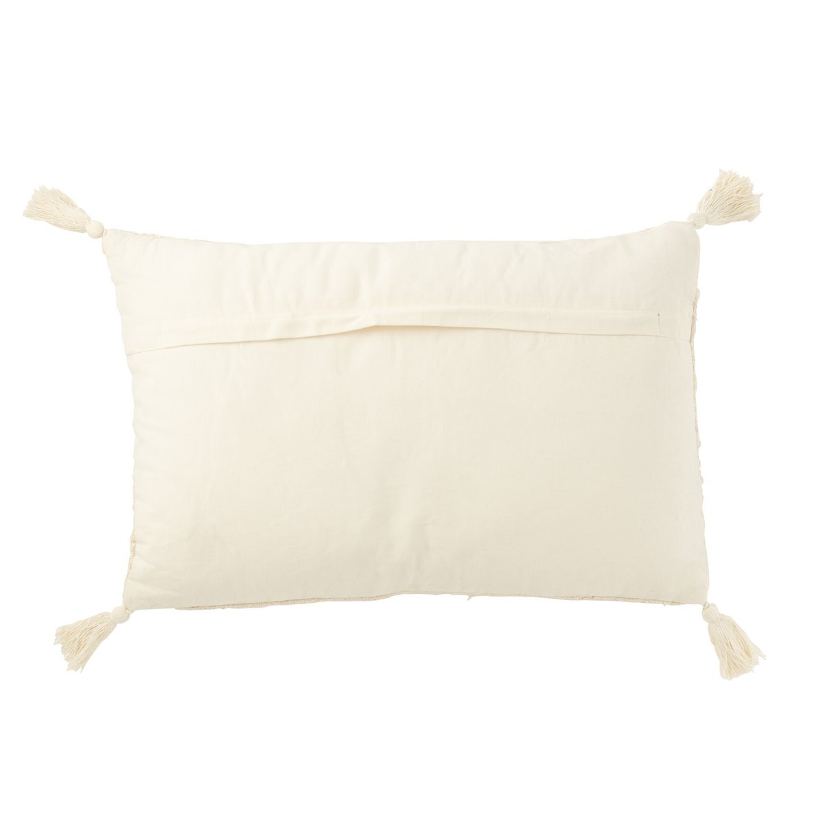 Détail du coussin J-Line en coton crème, pompons visibles