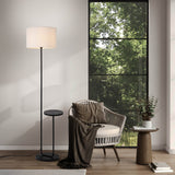 Lampe debout avec table "Tordis" intégrée en métal noir et matériau textile blanc naturel, 157 cm de haut, E27