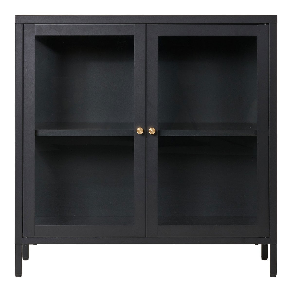 Vue de face de l'Armoire Dalby avec portes vitrées en acier noir