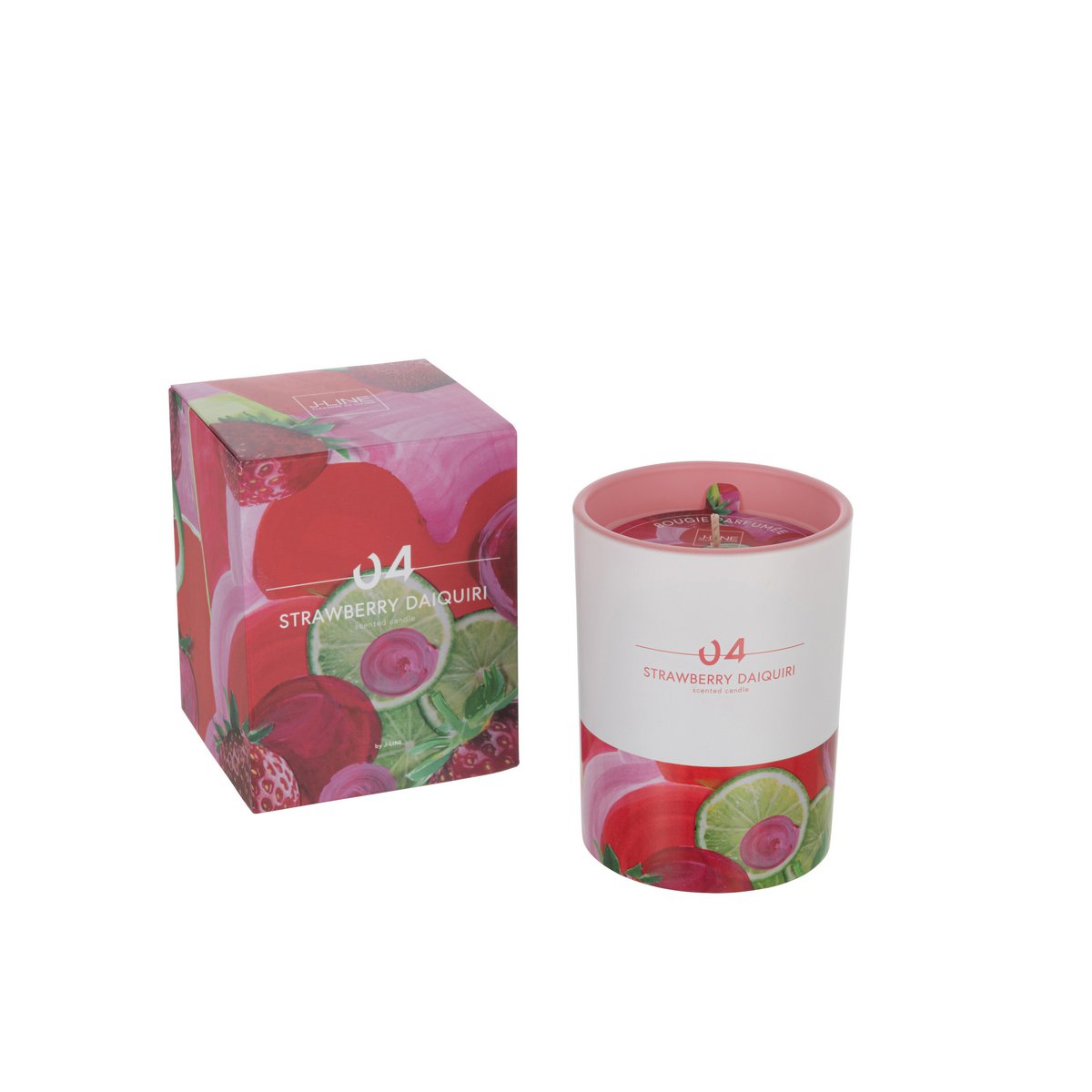 Bougie J-Line Fraise Daiquiri Mojito, vue de face avec couleur rose et multicolore.