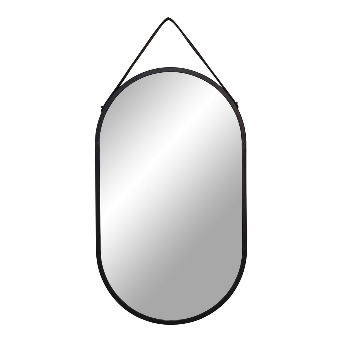 Miroir Trapani Noir avec cadre en acier et sangle en cuir, vue de face