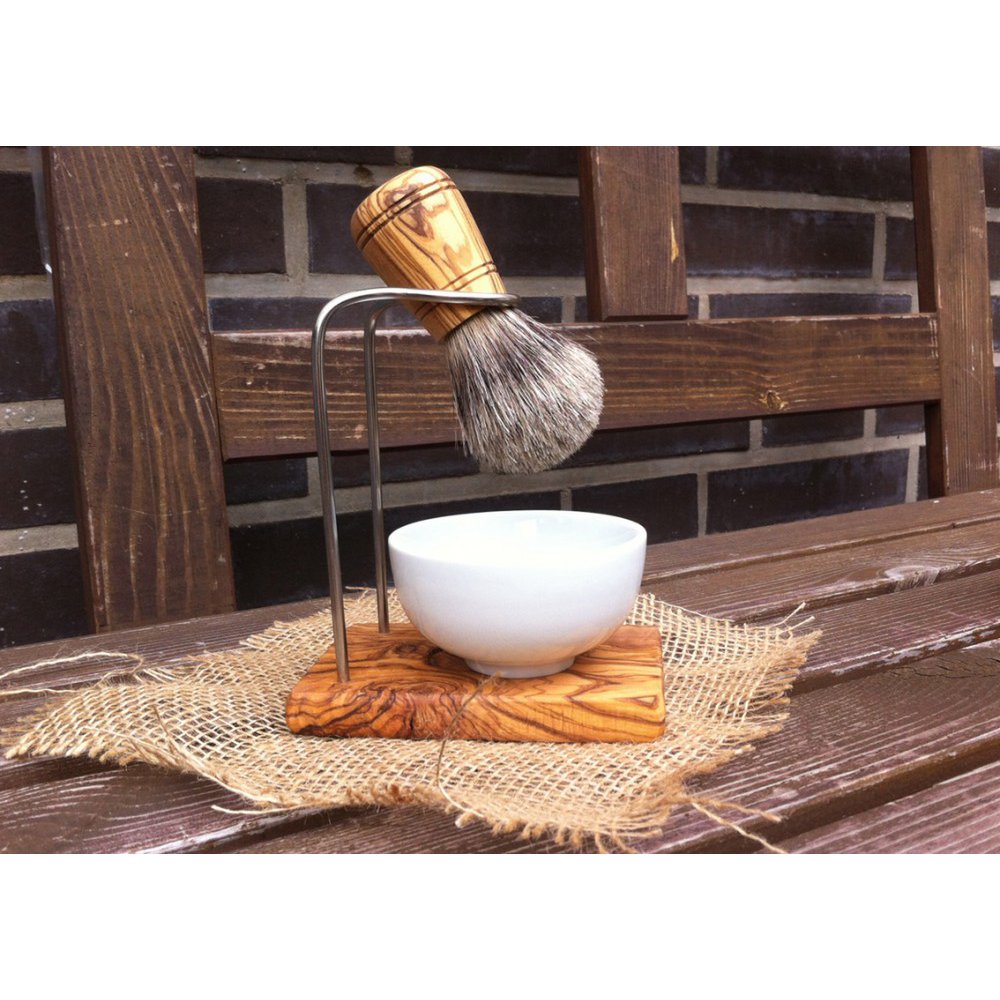 Bol de rasage en porcelaine assorti au porte-brosse en bois d'olivier
