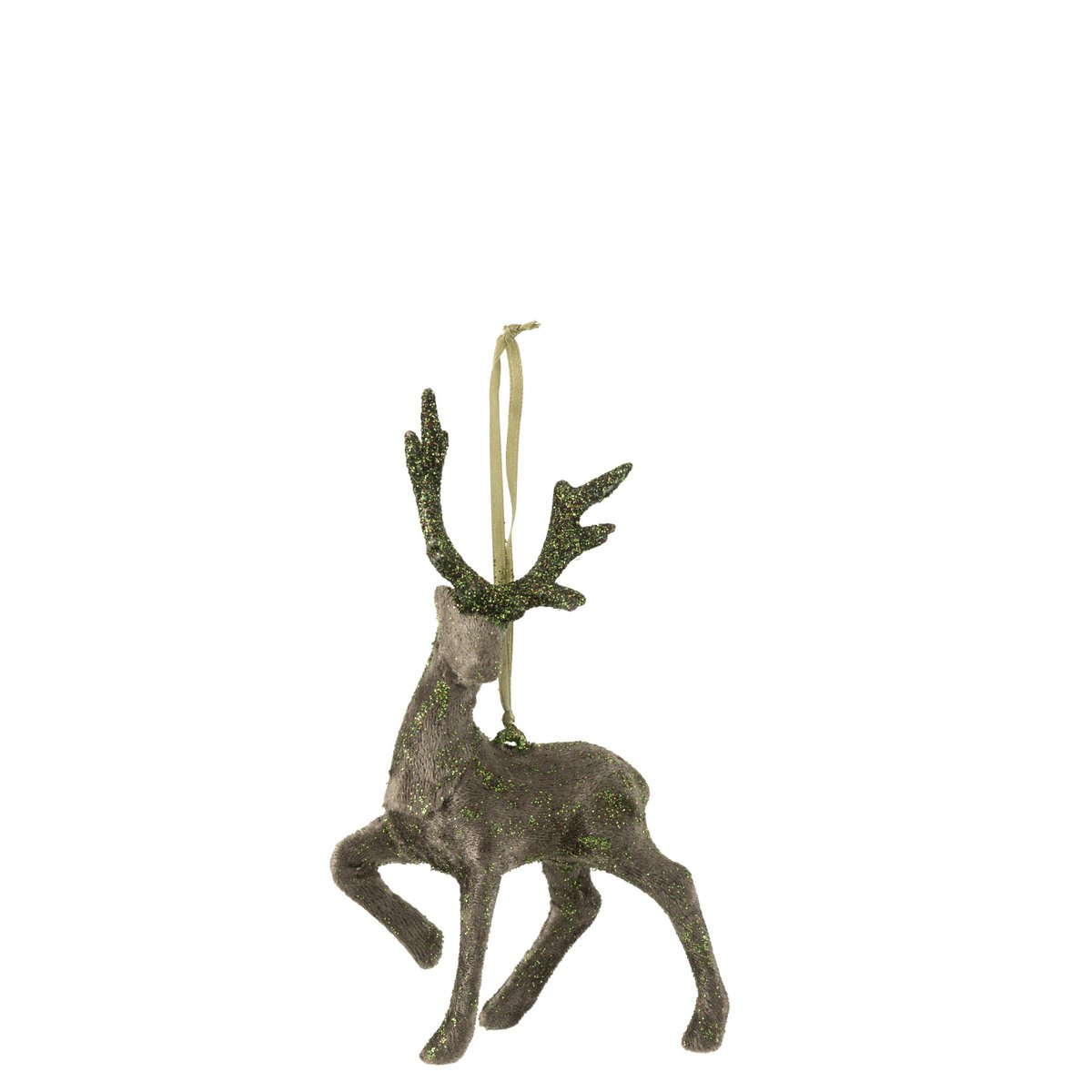 Pendentif de Noël Renne Glitter en velours kaki de J-Line, détail des paillettes