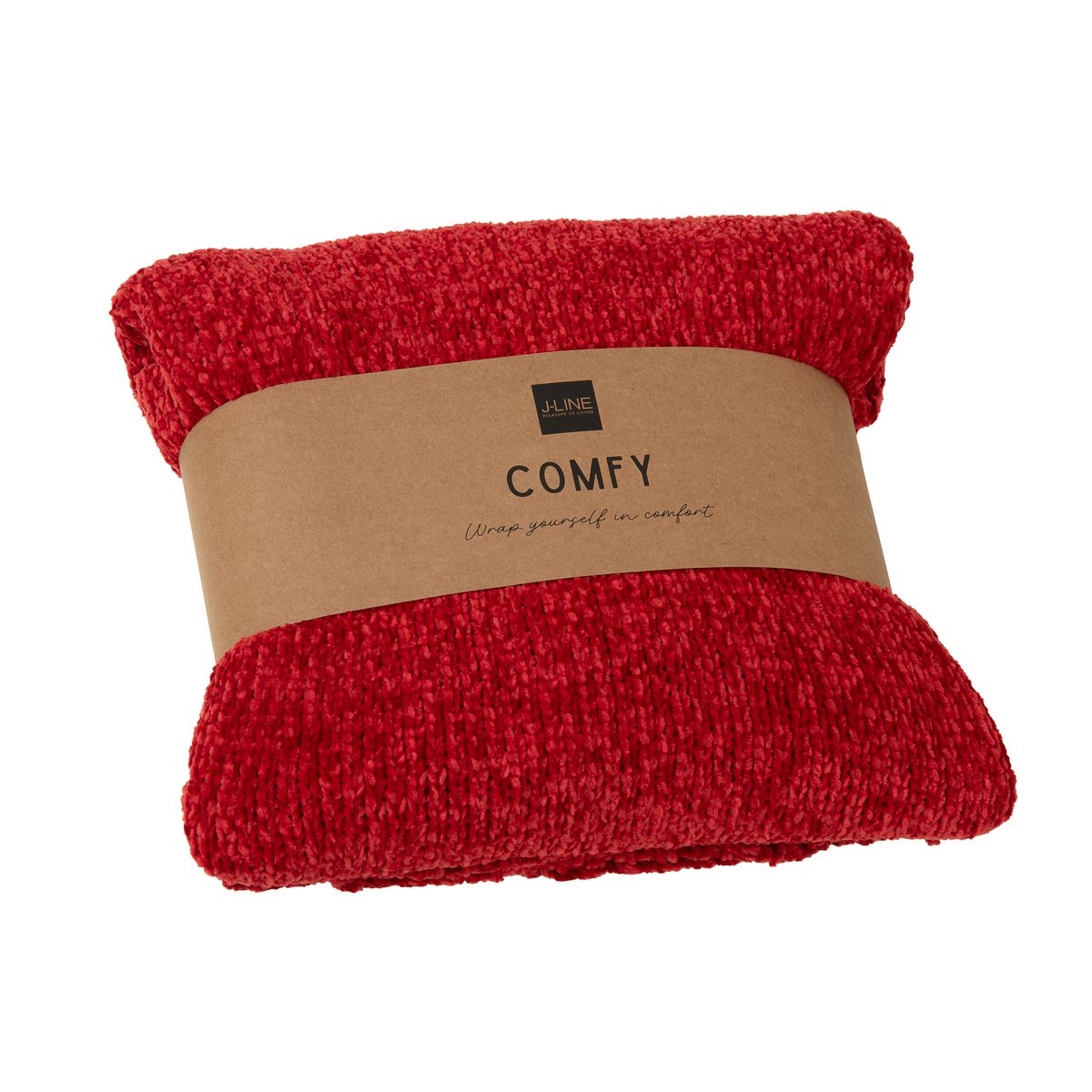 Couverture J-Line rouge drapée sur un canapé, ajoutant une touche de chaleur.