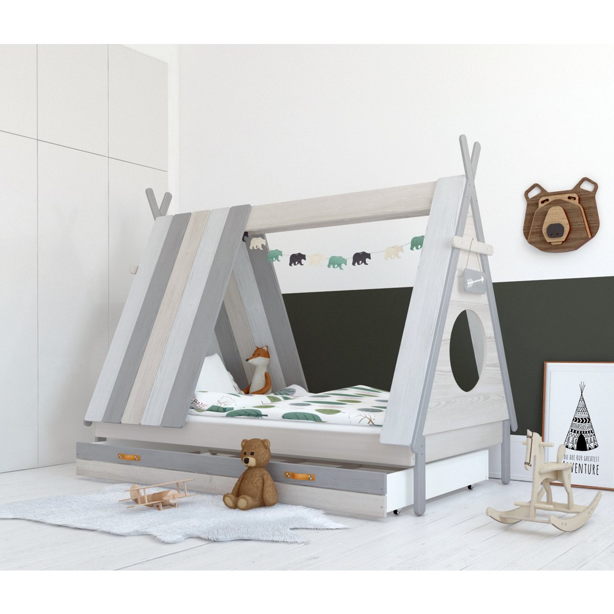 Vue de côté du lit enfant avec tiroir ouvert