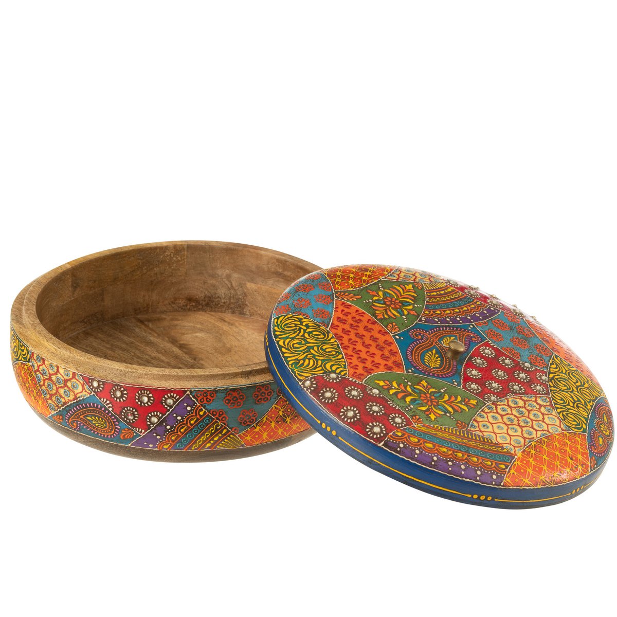 Boîte en bois de mangue ronde avec couvercle, design multicolore