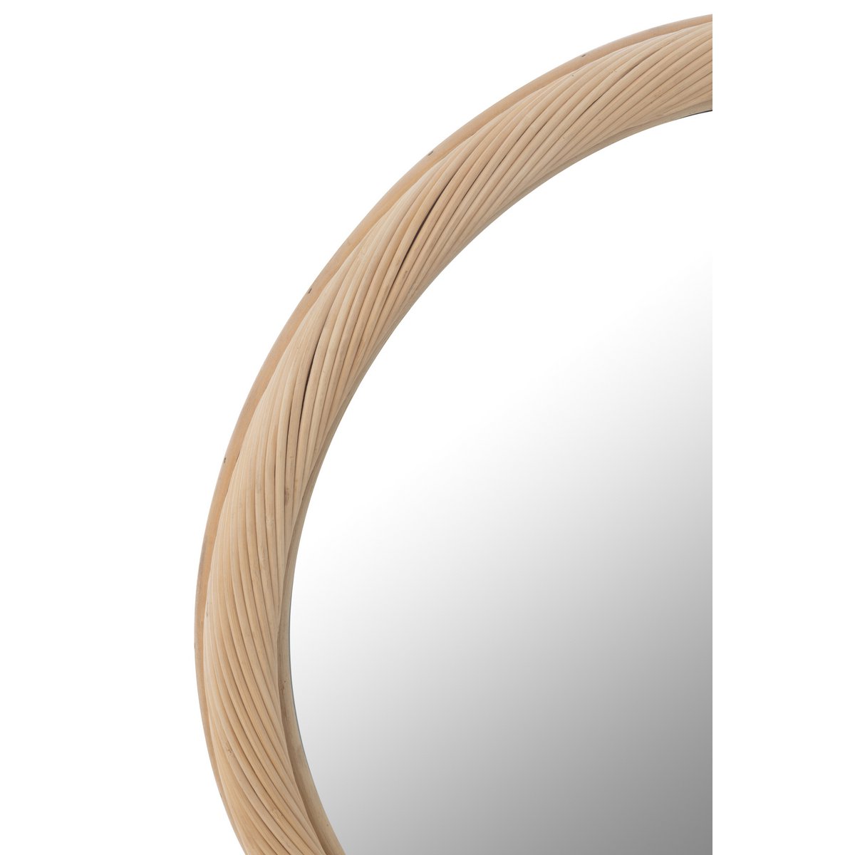 Détail du miroir rond J-Line en rotin, mettant en valeur le design