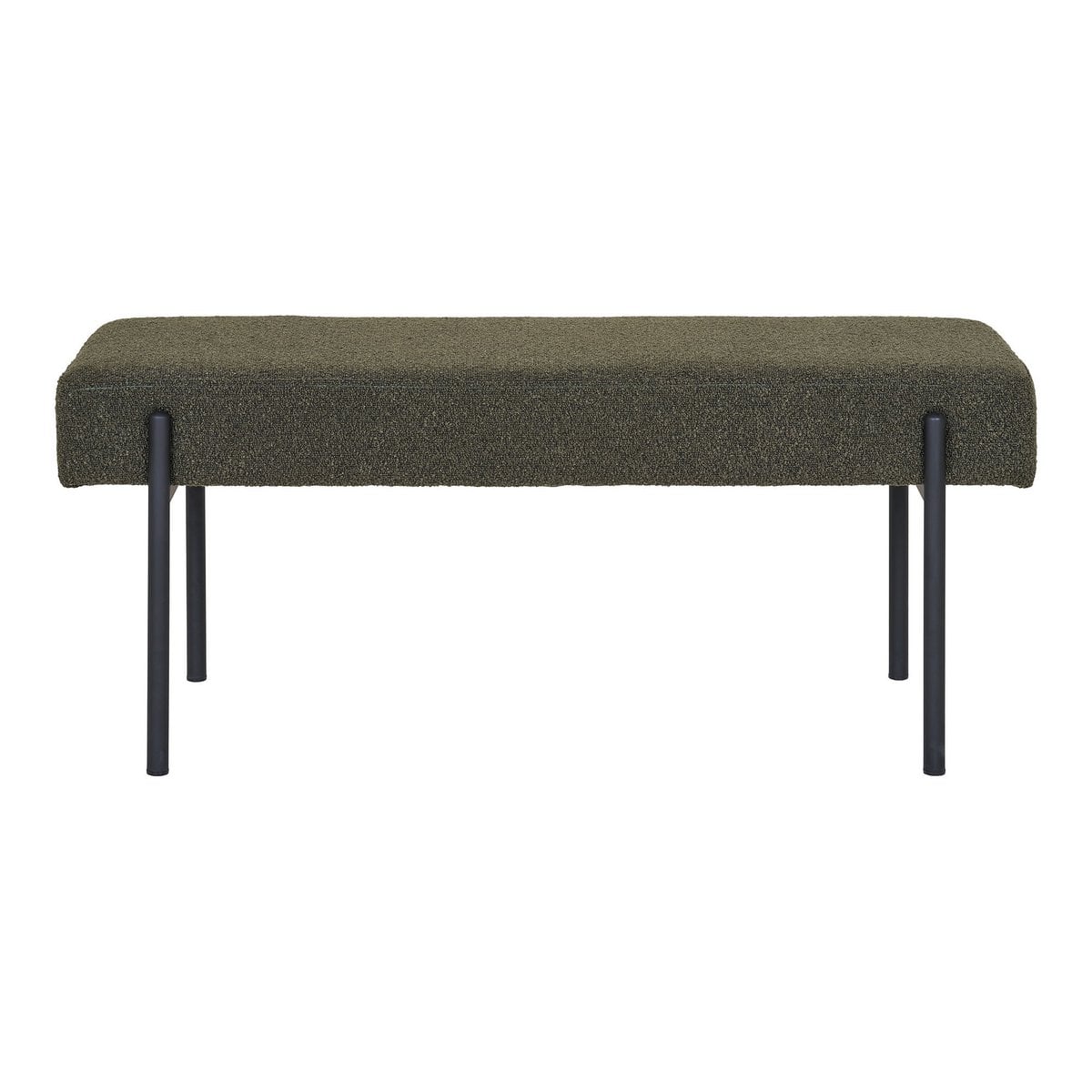 Banc Swindon vert foncé avec pieds en métal noir, vue de face