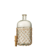 Détail de la bouteille J-Line, mettant en valeur le verre transparent et le liège naturel.