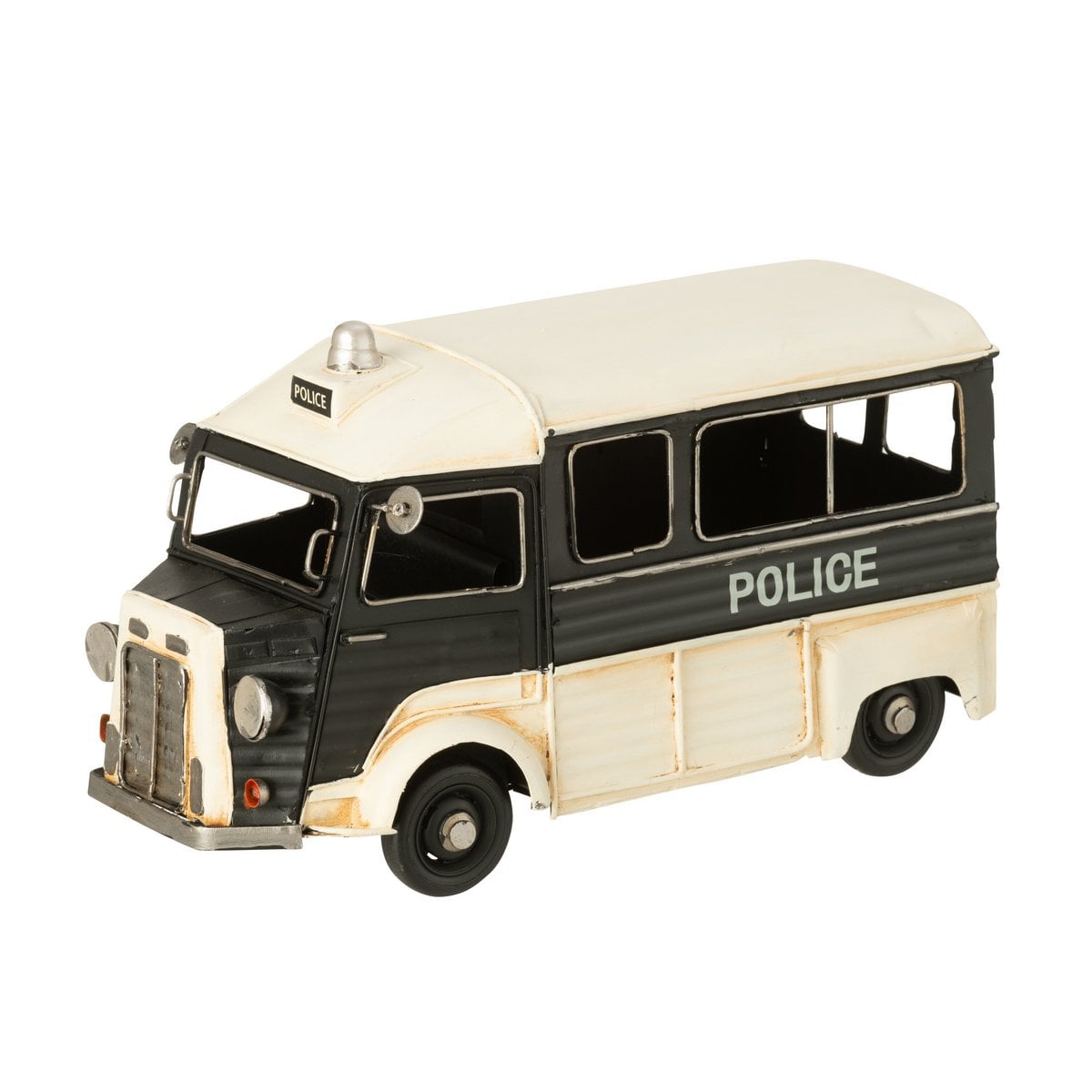 Détail du bus de police antique J-Line, mettant en valeur sa finition métallique.