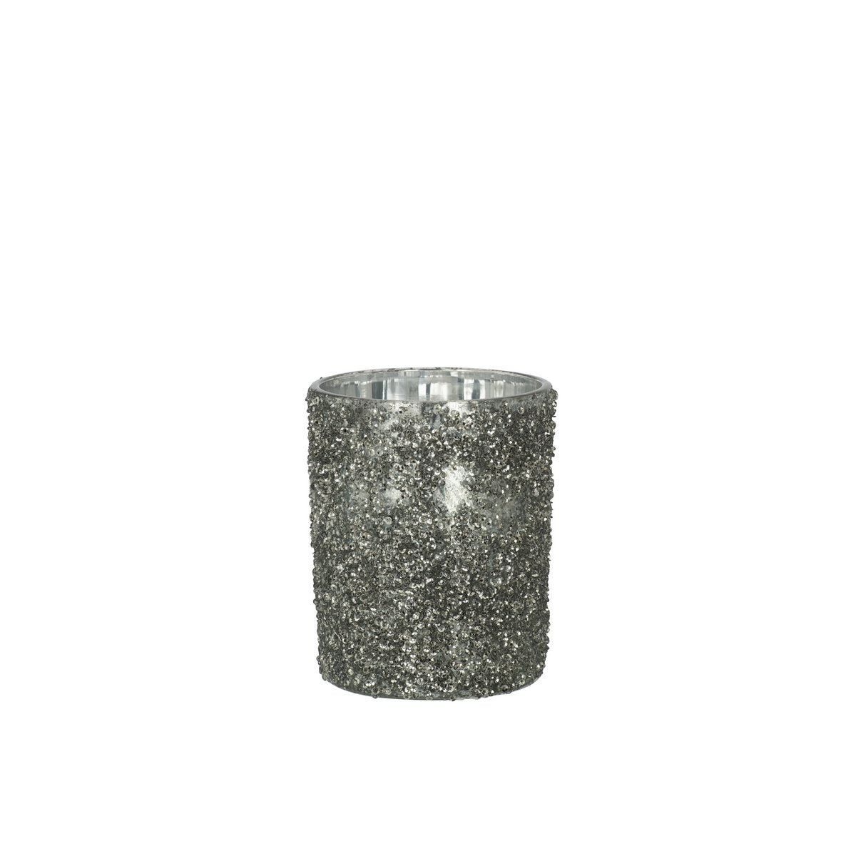 Bougeoir J-Line en verre gris avec finition glitter, vue de face.