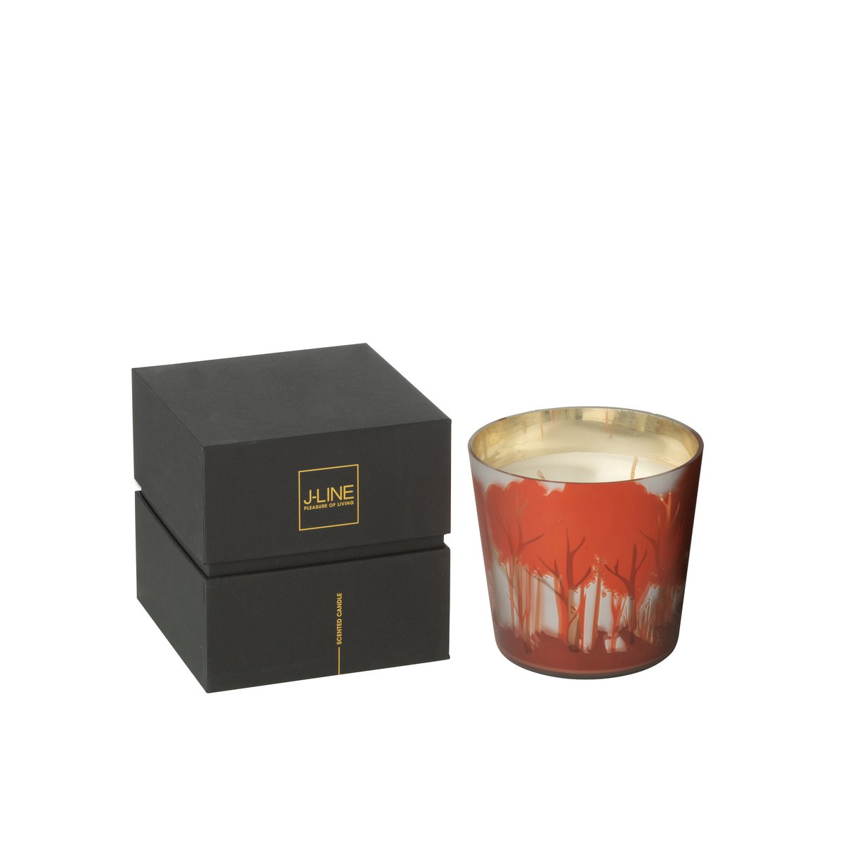 Bougie parfumée J-Line Noa Bos avec étiquette J-Line, mise en scène élégante.