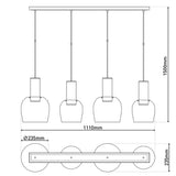 Suspension 4 lampes en verre ambre et métal laiton brossé