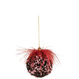 Boule de Noël J-Line en plastique bordeaux avec paillettes et plumes