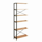 Détail de l'étagère design montrant les étagères en MDF plaqué acacia