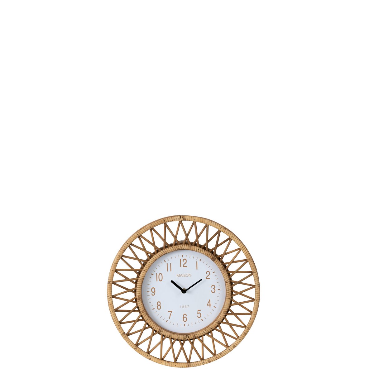 Vue latérale de l'horloge J-Line Klok Wonder, montrant la finesse du design rotin.