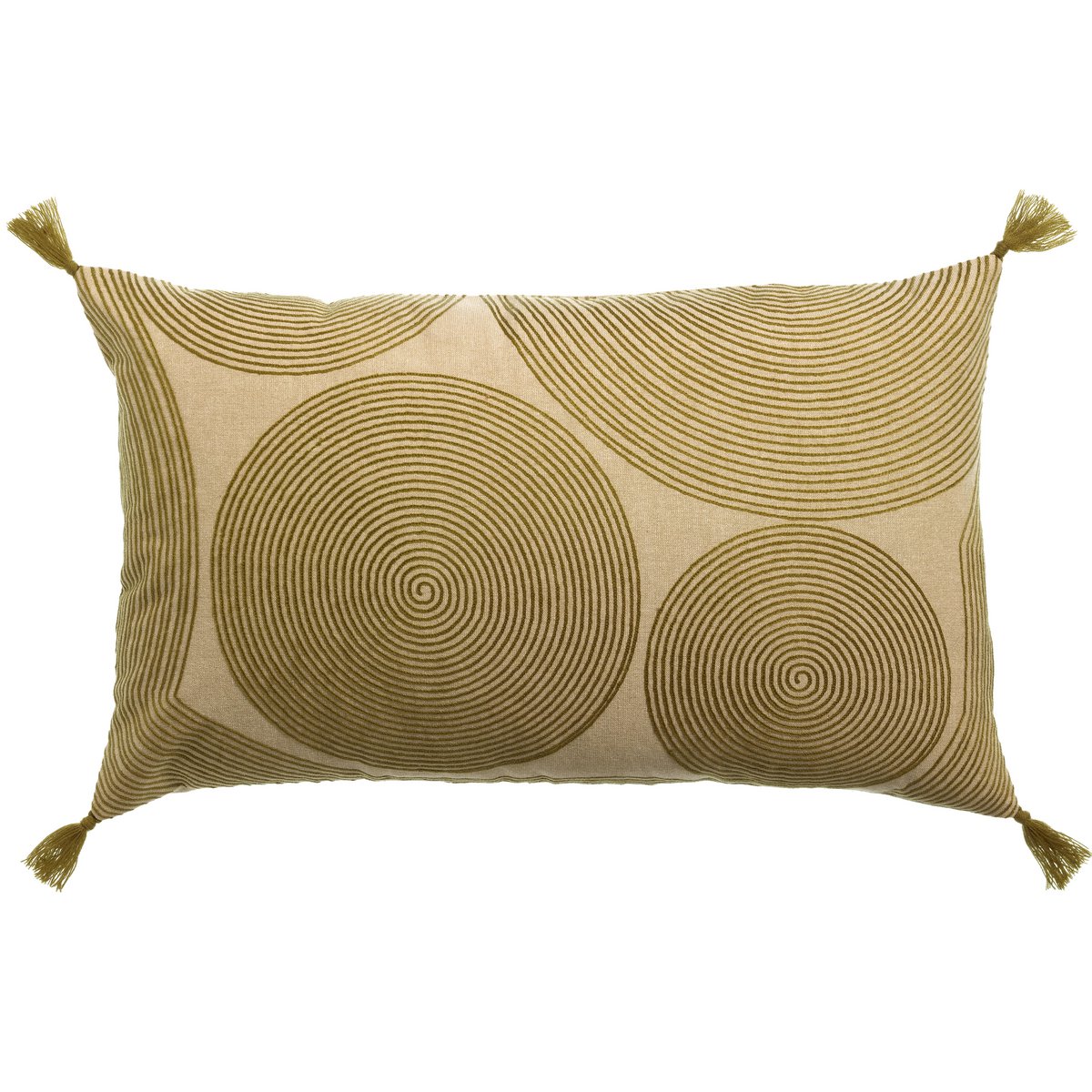Coussin brodé Tito Naturel 40x65 avec motif spirale et pompons