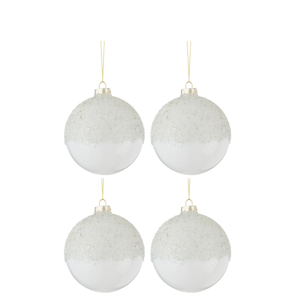 Détail d'une boule de Noël en verre blanc avec effet sucre J-Line