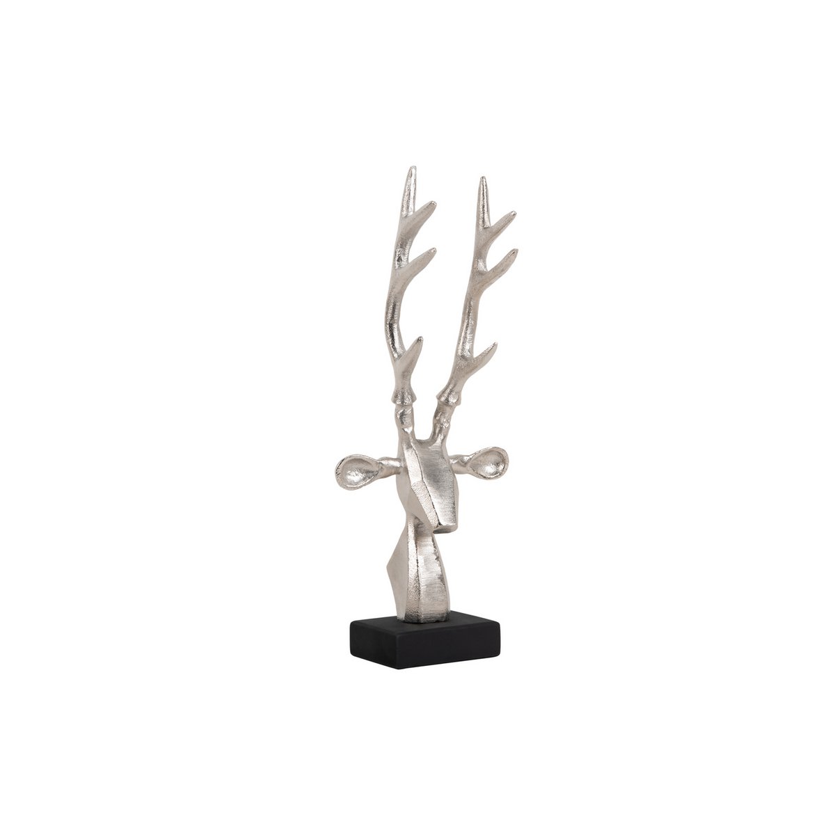 Statue tête de renne en métal avec base en bois, vue de face