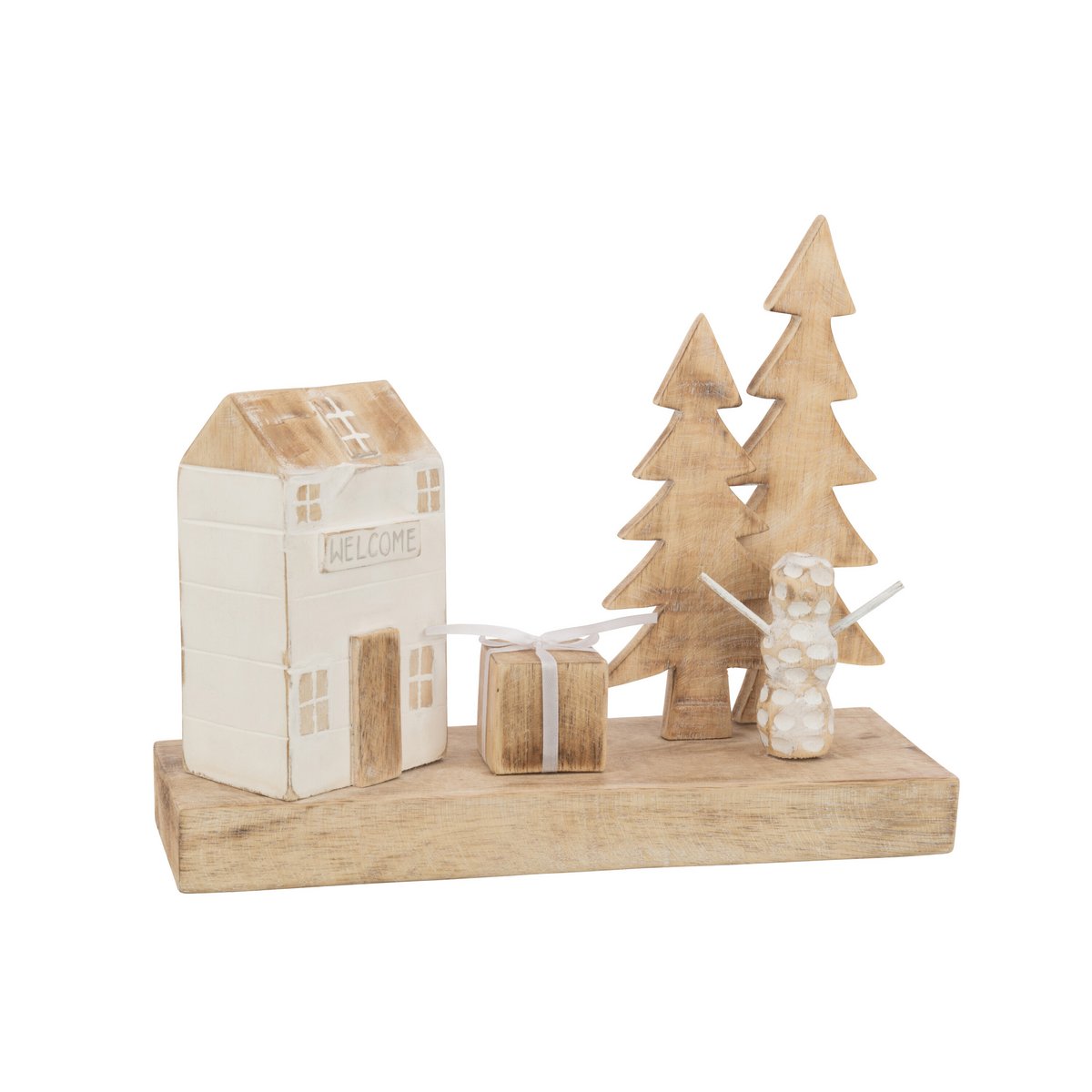 Maison de Noël J-Line Boom Boom en bois naturel et blanc, 30 cm de haut