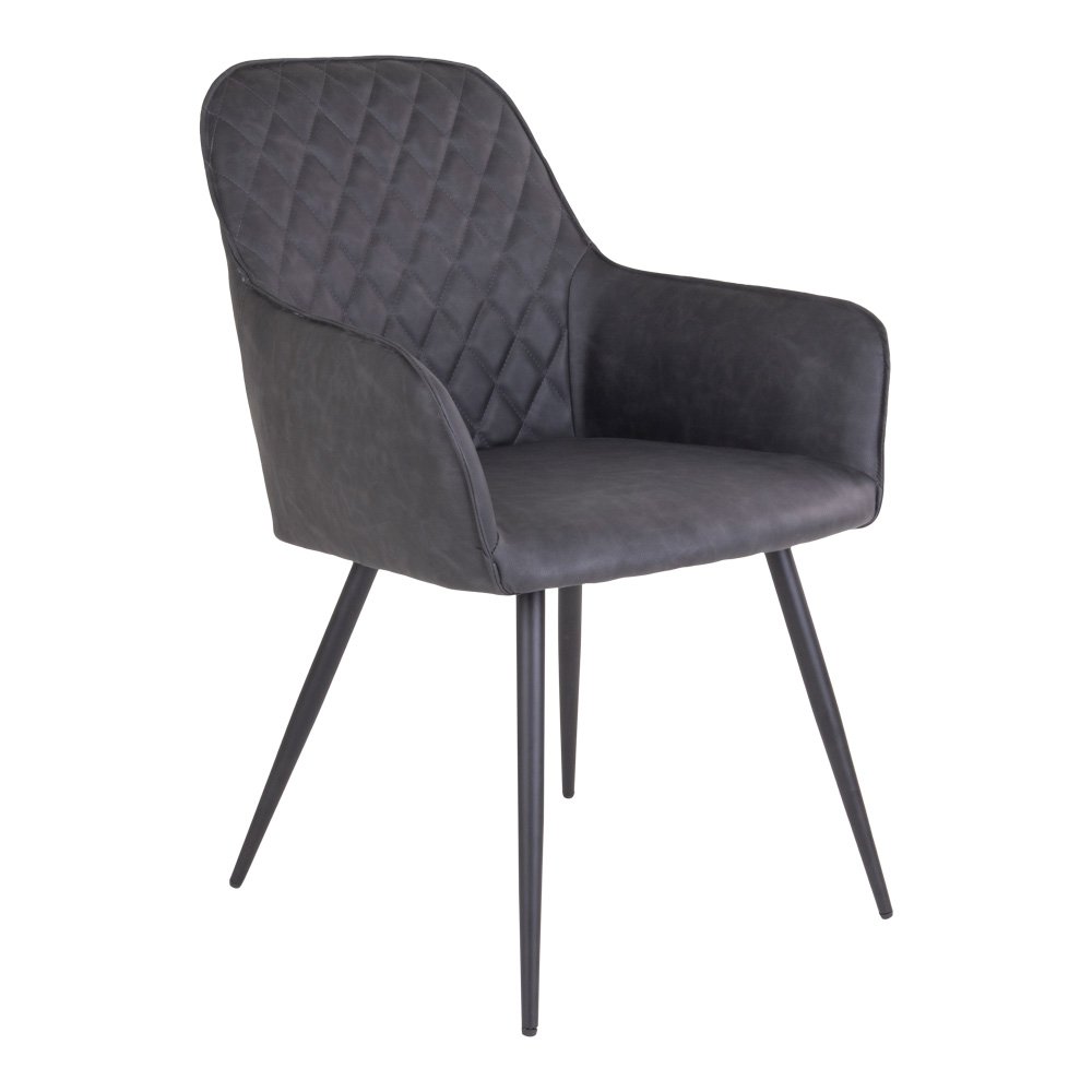 Chaise de salle à manger Harbo en PU gris avec pieds en métal noir, vue de face