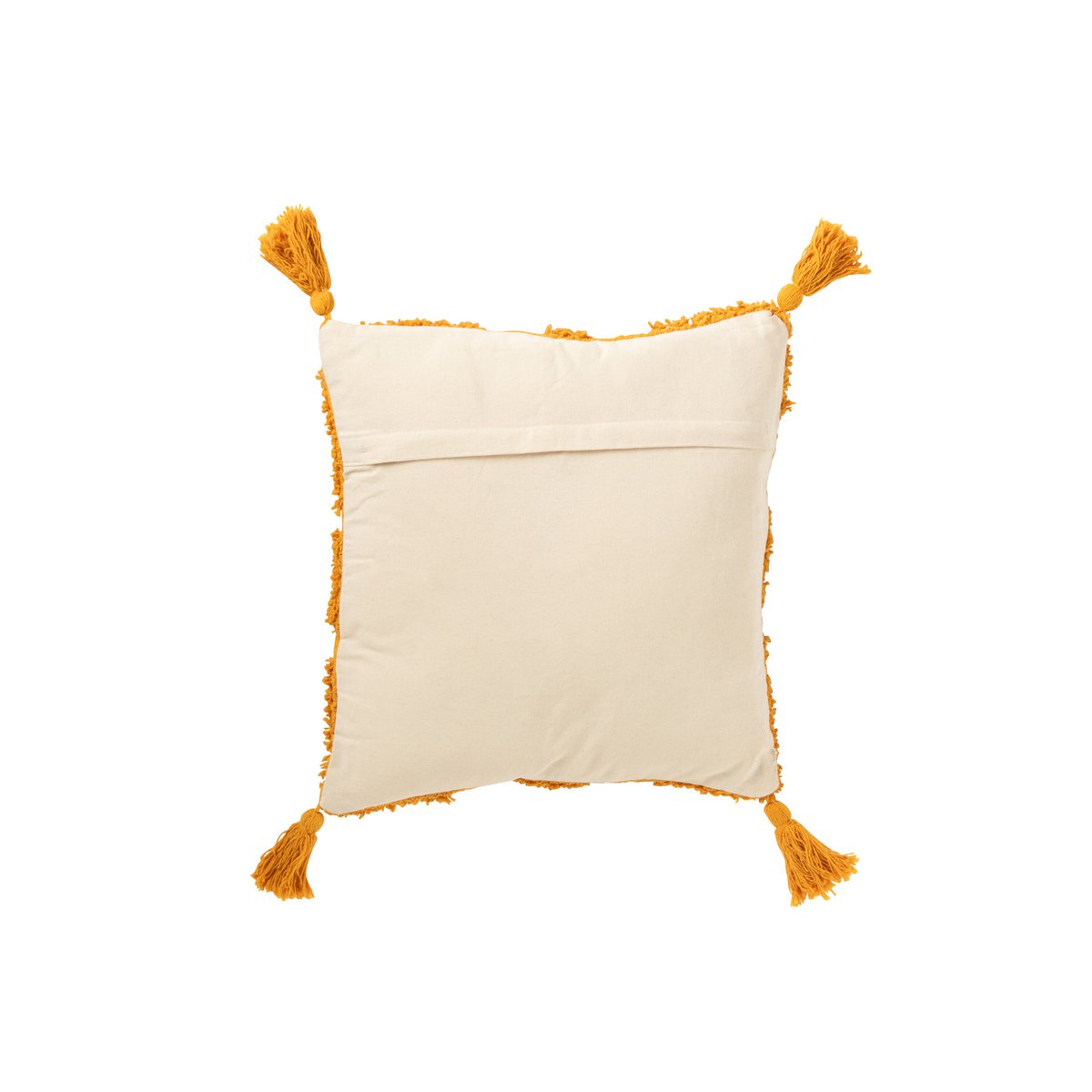 Coussin J-Line tufté ocre avec pompons, style bohème