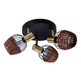 Plafond 3 "Corbis" Rondel, tache métallique en noir, avec or et rotin, avec douille E14, pour salle à manger, salon, couloir ou bureau, éclairage pour le salon, la salle à manger ou le bureau, 38 cm de diamètre de diamètre