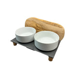 Station d'alimentation MOUNTAIN, 2x 0,9 litres, pieds ronds, bois d'olivier