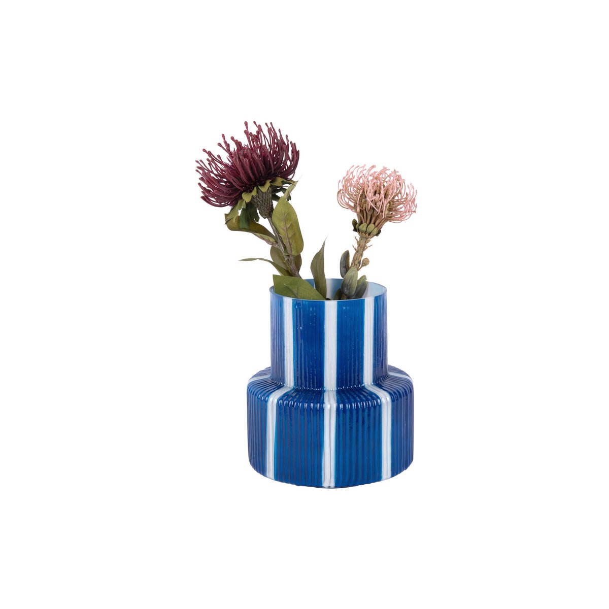 Vase rétro en verre à rayures bleues, détail des rayures