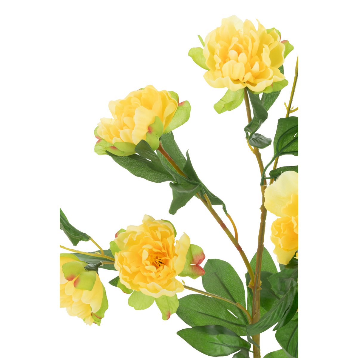 Pot de pivoine artificiel jaune de J-Line sur fond neutre, mettant en valeur sa couleur éclatante.
