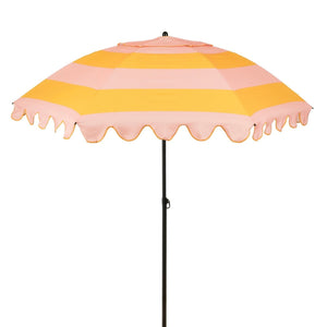 Parasol rayé jaune-rose de Mica Decorations avec volants élégants