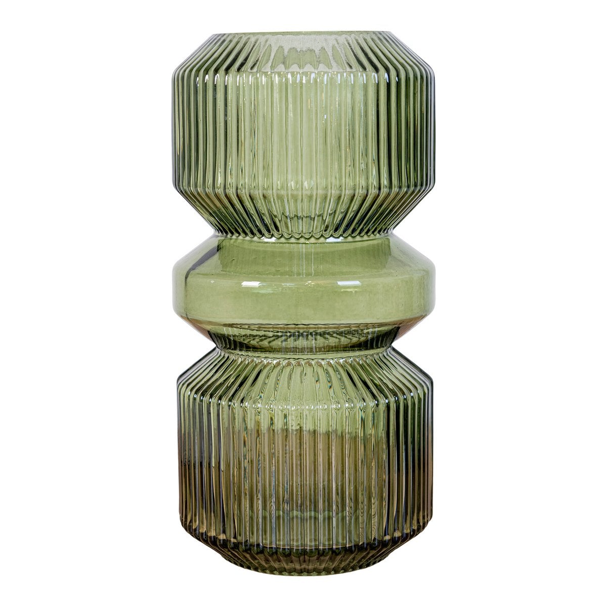 Vase en verre vert avec design segmenté, vue de face
