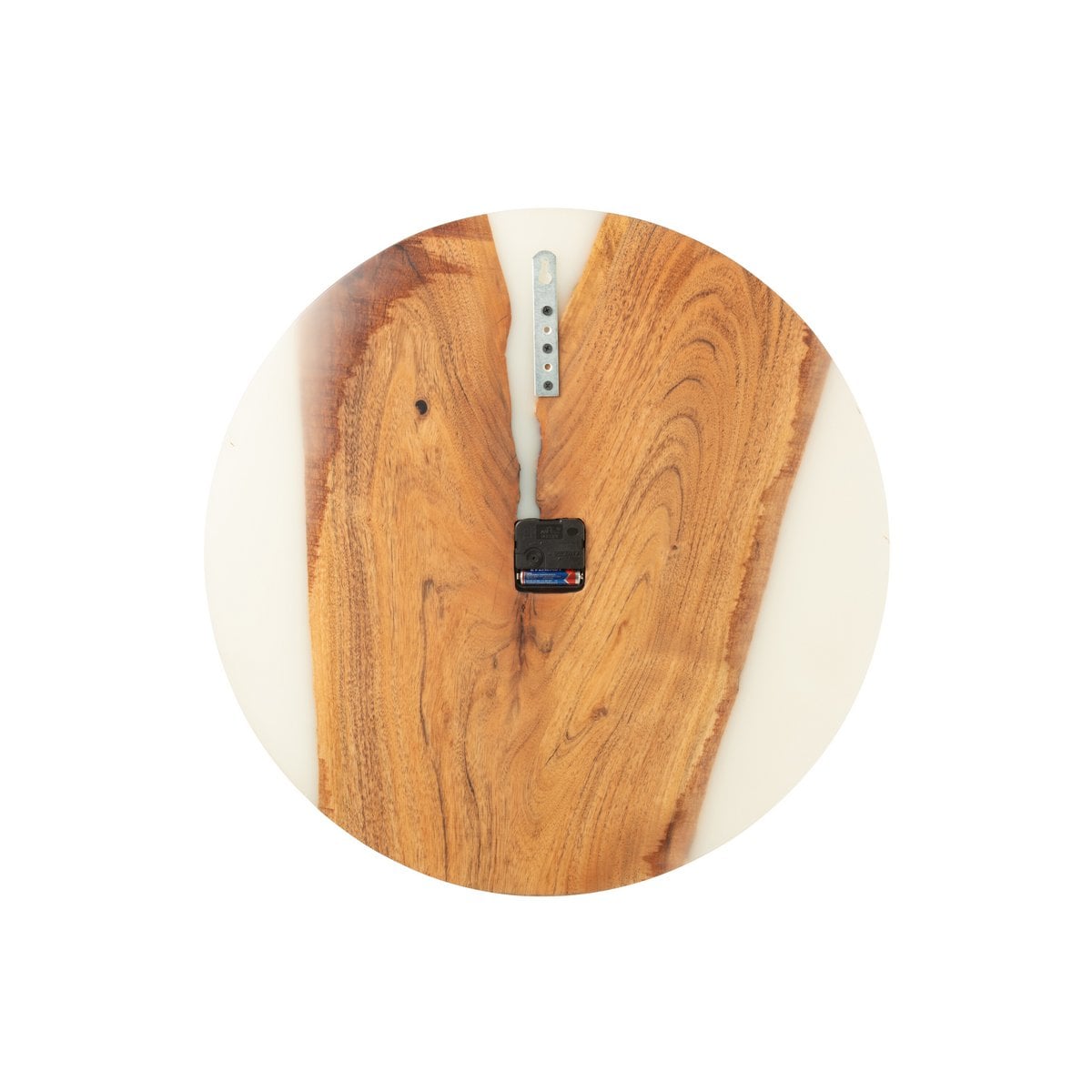 Horloge moderne J-Line en bois et résine époxy, coloris blanc, vue de face.