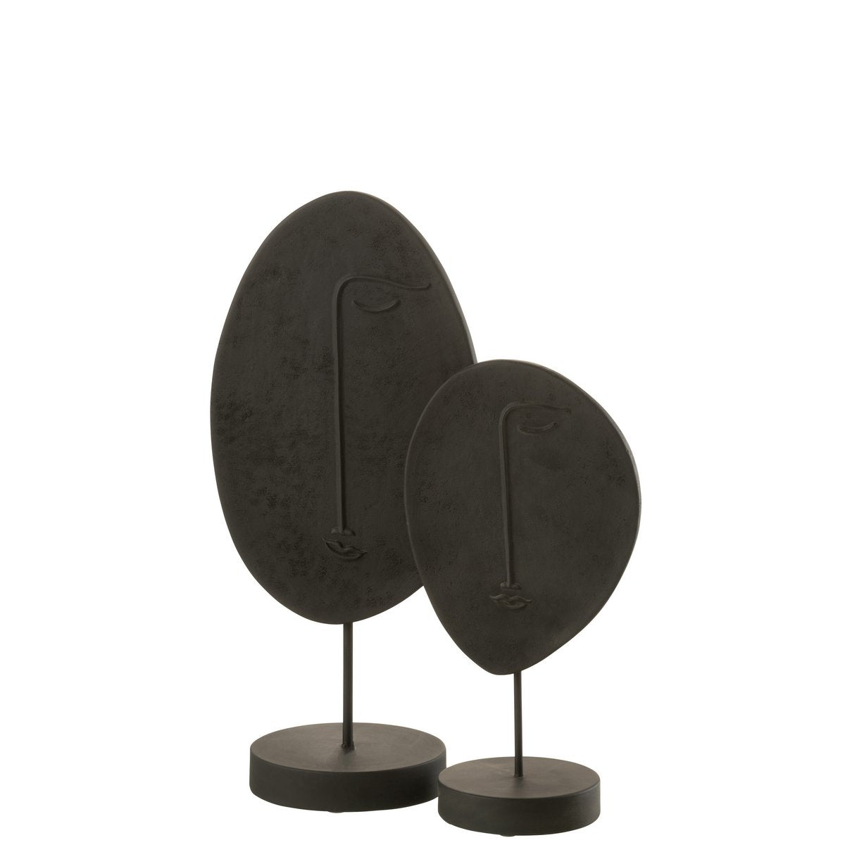 Sculpture Tête Plate Sur Pied Poly Noir, vue de face avec finition mate.