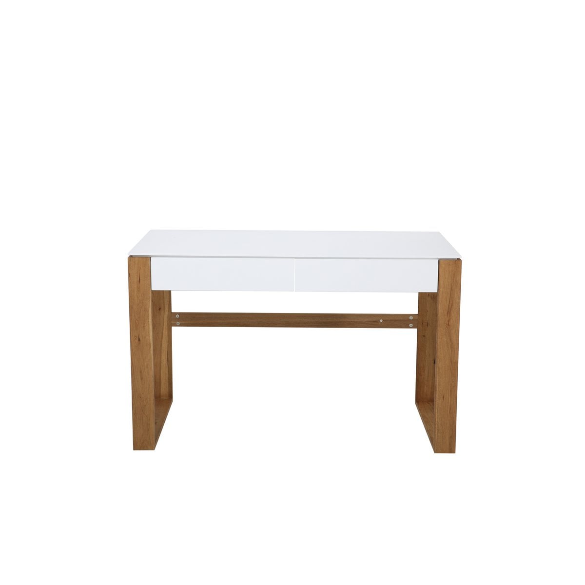 Bureau scandinave blanc avec pieds en bois dans un salon moderne