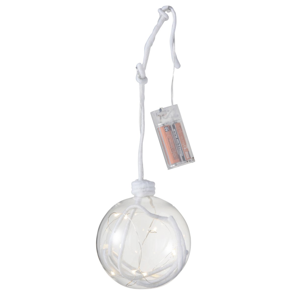 Boule de Noël LED J-Line en verre blanc avec corde, vue de face