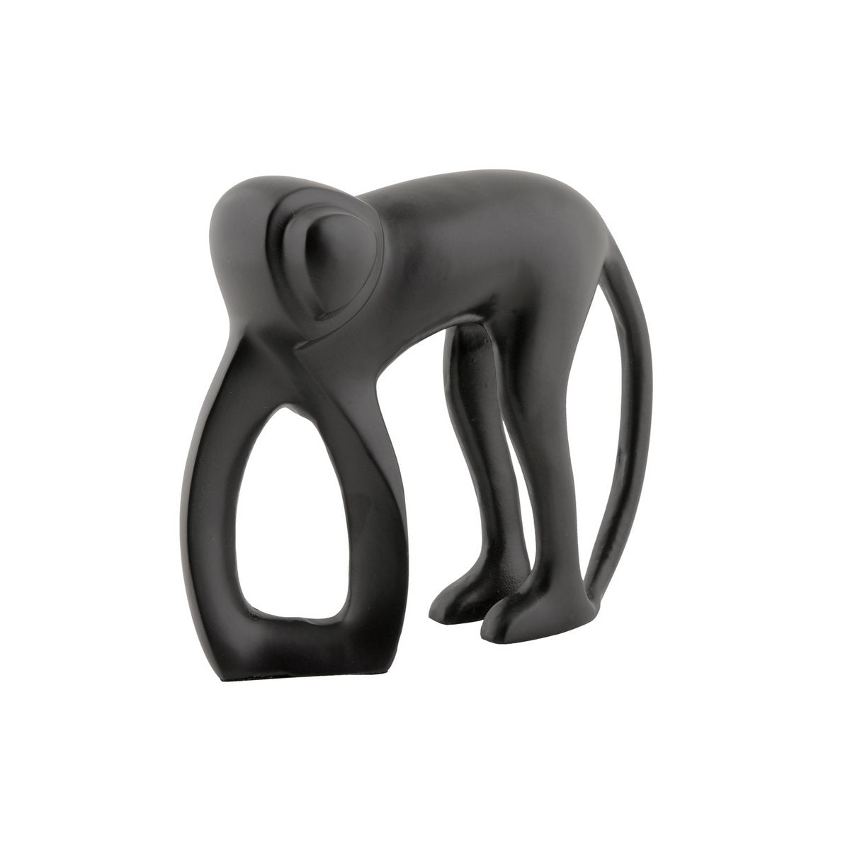 Statue singe en métal noir sur une étagère, vue de face