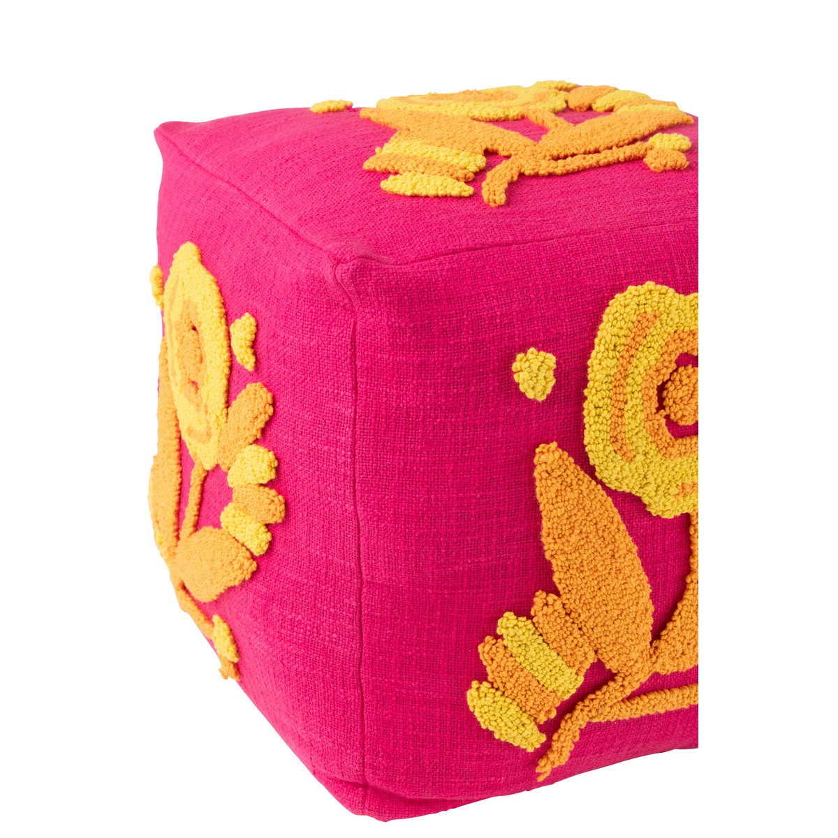 Détail du motif floral du pouf carré J-Line en coton