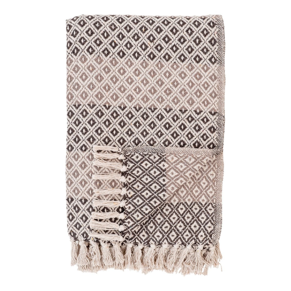 Plaid Alanya en coton recyclé avec motif géométrique marron, beige et blanc